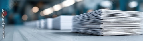 Printing Press Minimal concept. Stacks of paper in a factory with blurred background lights.