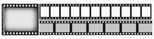 Vintage filmstrip roll frame, vector photo background, old grunge movie film long strip, video or movie filmstrip overlay, transparent film frame, cinema, photograph camera film strip