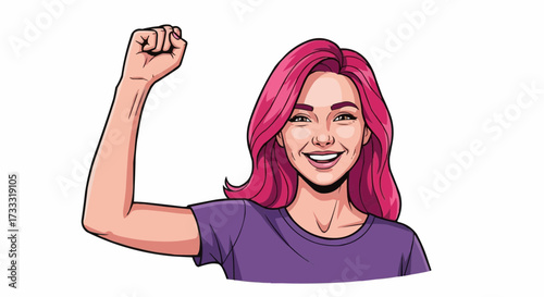 Dynamic woman with vibrant pink hair celebrates victory with raised fist, exuding confidence and empowerment in a joyful expression.