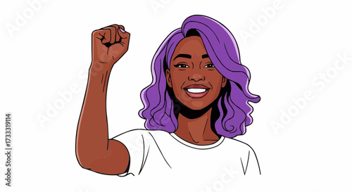 Joyful Black woman with vibrant purple hair raises fist in triumph, celebrating personal victory or social progress with a radiant smile.