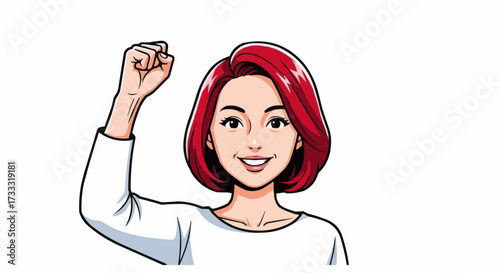 Confident businesswoman with red hair triumphantly raises fist in celebration of achievement and success in a clean, modern aesthetic