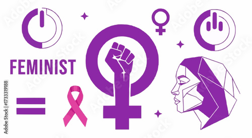Empowering feminist symbols convey strength, equality, and modern female identity with vibrant purple accents