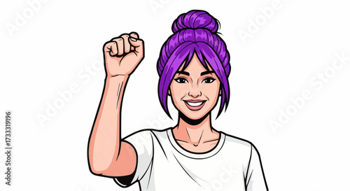 Confident woman with purple hair raising fist in triumph, celebrating victory with a bold, empowering gesture of strength and success.