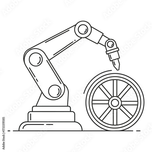Vector art of industrial robotic arm assembling gear wheel mechanism