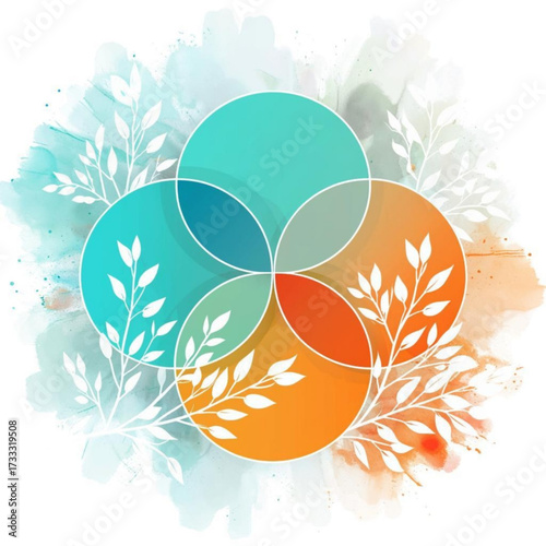 Colorful abstract design with circular shapes and delicate leaves
