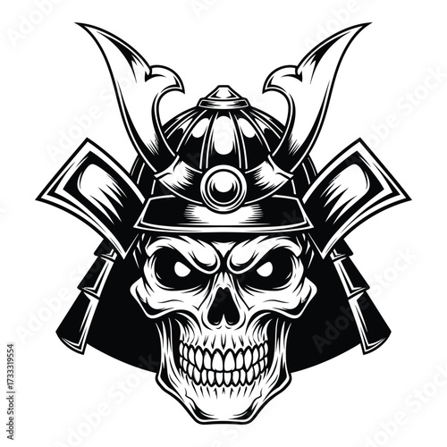Vector art of samurai helmet with skull design in black and white illustration style