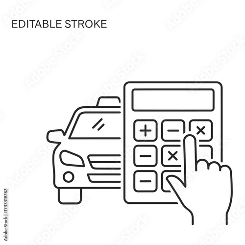 Vector art of editable stroke illustration of hand pressing calculator button near car