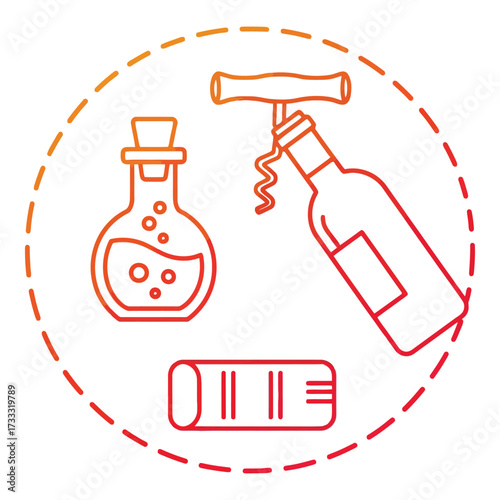 Vector art of vintage icons of laboratory flask, wine bottle with cork, and aerosol can in circle