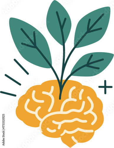 Conceptual Flat Illustration of Growing Brain with Plant and Positive Symbol