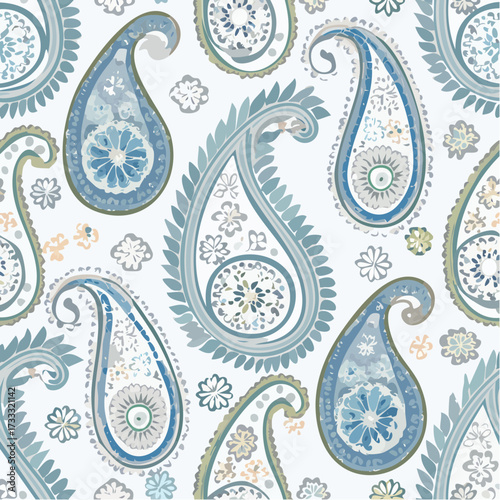 A seamless Indian paisley pattern with ornamental teardrop motifs. Perfect for fabrics, wallpapers, and traditional decorative use.