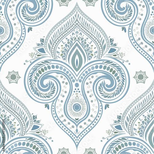 A seamless Indian paisley pattern with ornamental teardrop motifs. Perfect for fabrics, wallpapers, and traditional decorative use.
