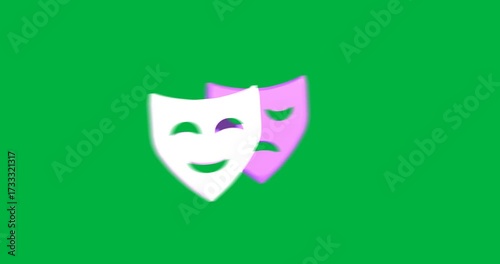 Animation of purple and white theatre masks moving on transparent background