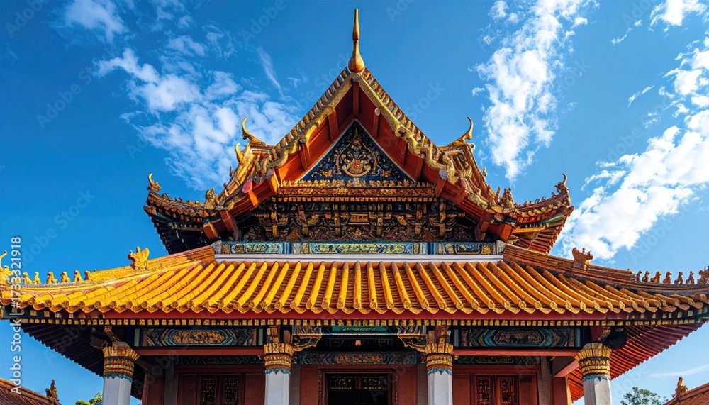 Obraz premium Ornate Temple Facade Under Bright Blue Sky With Intricate Golden Roof And Detailed Architectural Design in Southeast Asia During Daytime