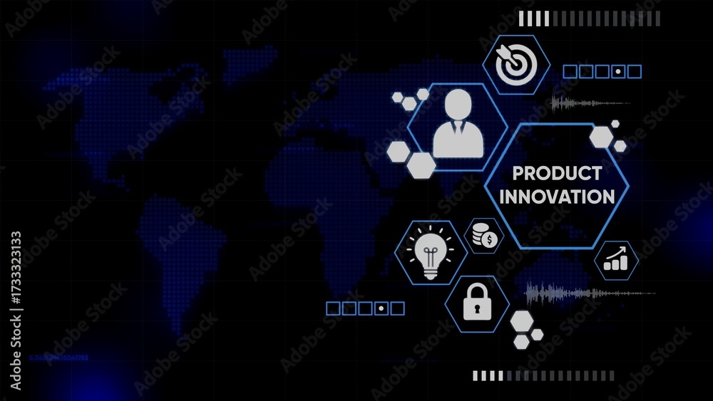 Fototapeta premium Digital Product Innovation Strategy with Global Business Icons and World Map Background technology
