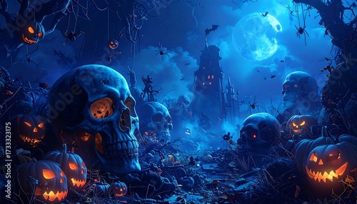 Spooky Halloween scene with skulls and pumpkins
