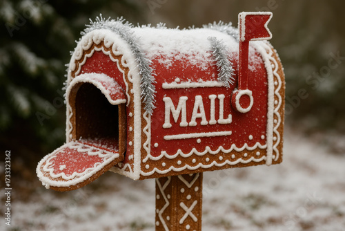 Snow-covered red mailbox.