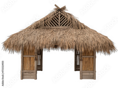 Tropical tiki hut entrance thatched roof structure isolated on white background