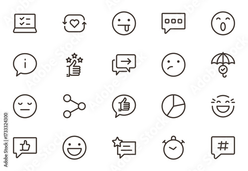 Expressive feedback and rating icon set with bubbles, stars, hearts, badges, and review symbols for digital design. Thin outline icons pack. Vector illustration