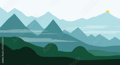 Serene landscape of a misty mountain valley with rolling hills and peaks under a soft, white sky.