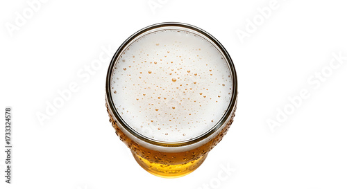 Top down view of a frothy beer in a glass