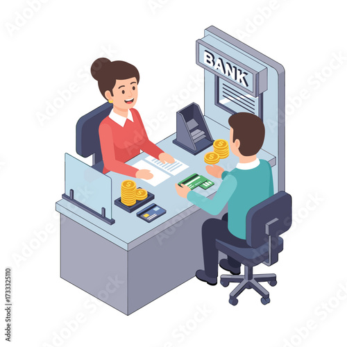 Isometric illustration of a bank teller assisting a customer with coins and a credit card transaction