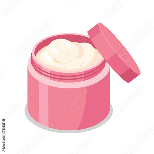 Illustration of an open pink jar filled with cream on a white background with the lid off to the side