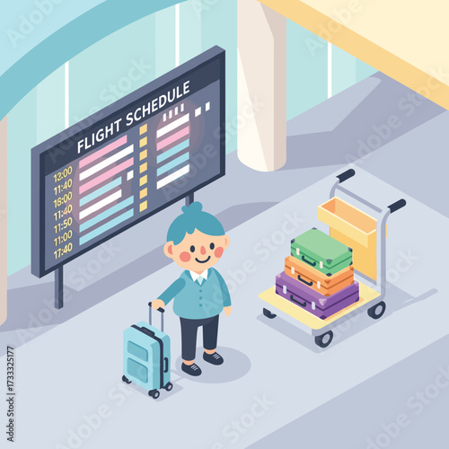 Cartoon character at airport looking at flight schedule with luggage and baggage cart nearby