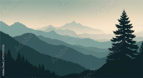 Serene misty mountain valley landscape with a towering pine tree in the foreground, set against a softly lit, hazy mountain range background.