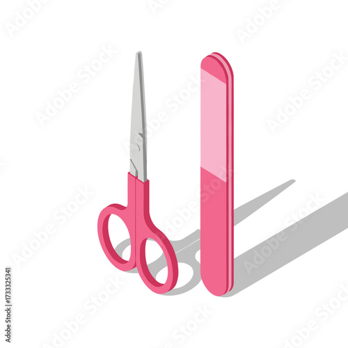 Isometric illustration of pink scissors and nail file on a white background with shadow