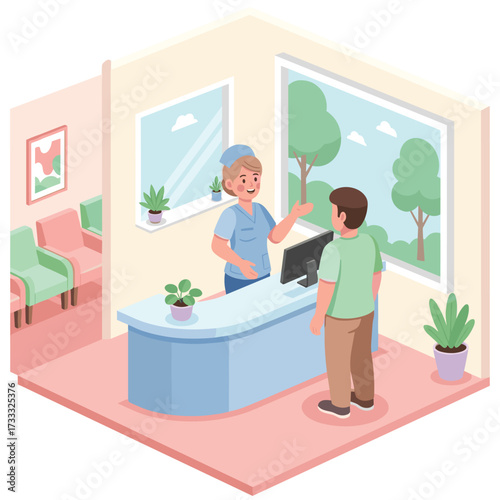 Isometric illustration of a patient talking to a nurse at a reception desk in a clinic room