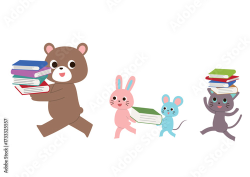 行列になって本を運んでいるかわいい動物たち
