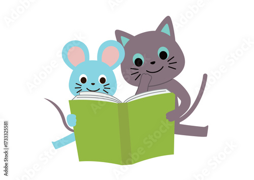 楽しそうに一緒に本を読んでいる猫とネズミ