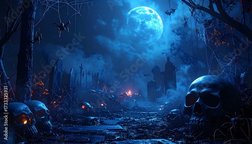 Spooky night scene in a haunted graveyard