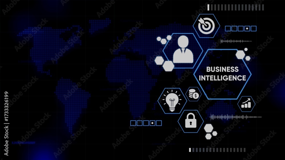 Fototapeta premium World Map with Business Intelligence Infographic Elements and Digital Data Display analysis global