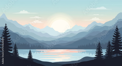 Serene illustration of a misty mountain valley at sunrise with a lake and pine trees in the foreground.