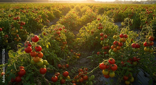 Tomato plants in a field with rows sunlight and ripe red fruit