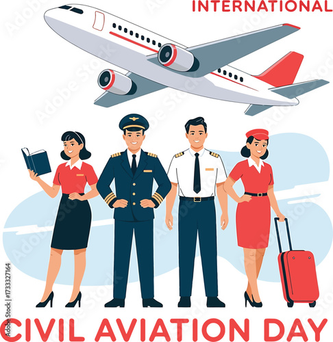 Airplane and Civil Aviation Day crew with pilot and flight attendant international aircraft