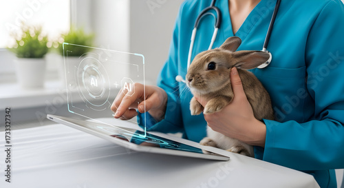Dedicated veterinarian uses advanced AI technology on tablet to care for adorable rabbit patient in modern clinic, showcasing compassionate and innovative animal healthcare solutions.