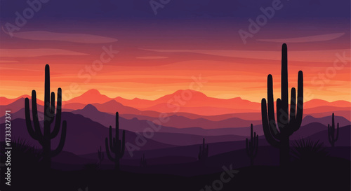 Silhouette of cacti in a misty mountain valley at sunset with warm orange and purple hues in the desert landscape.