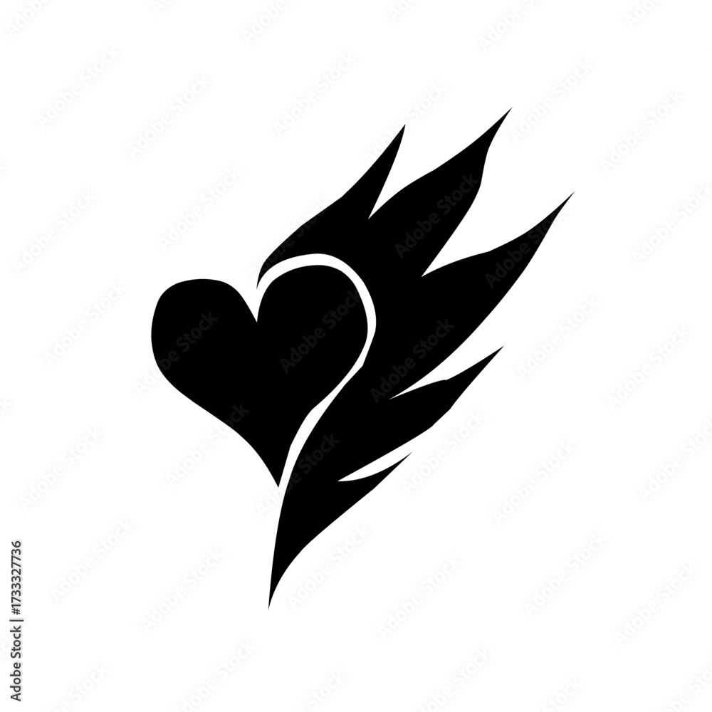 Fototapeta premium Black vector logo of a flaming heart or a heart with stylized wings. A passionate and energetic design, perfect for tattoo art, love and romance themes, or edgy branding.