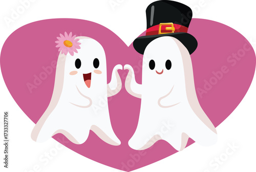 Funny Happy Ghosts Marrying Each Other Vector Cartoon Illustration. Cheerful spirits loving each other in the after life 
