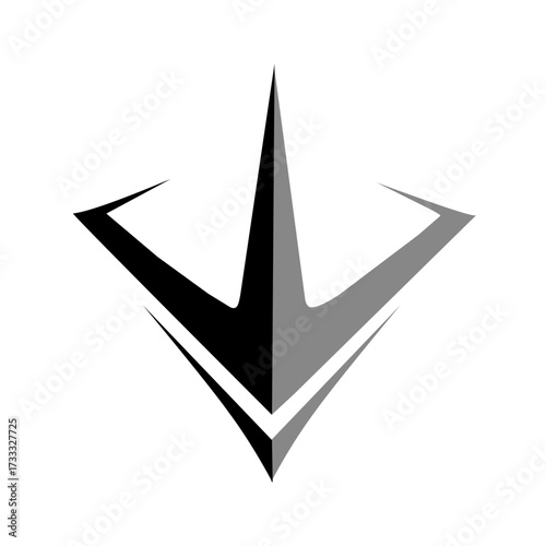 Abstract vector logo with a sharp, downward-pointing design in black and grey. Represents speed, precision, and power. Great for modern tech, gaming, automotive, or corporate branding.