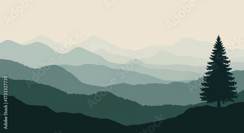 Serene landscape of a misty mountain valley with a solitary pine tree standing on a hill against a backdrop of layered mountains in various shades of green and gray.