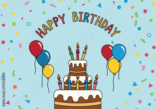 Festive birthday cake with balloons and confetti