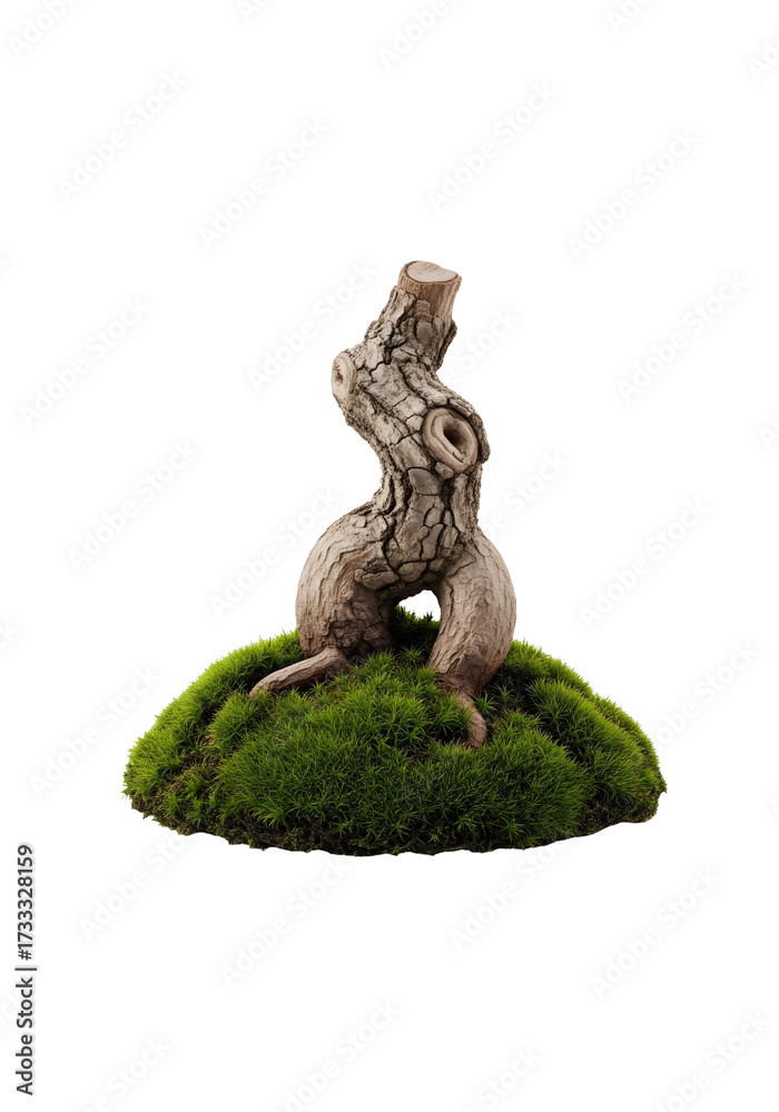 Fototapeta premium A unique bonsai tree displayed on a bed of lush green moss, showcasing its natural form and intricate details, isolated on transparent background 