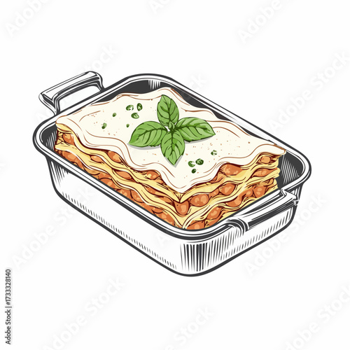 A hand-drawn sketch of a classic Italian lasagna in a baking dish, topped with béchamel sauce and fresh basil leaves.