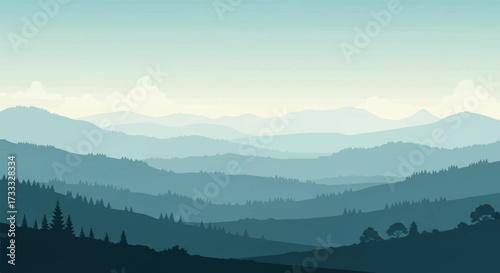 A serene misty mountain valley landscape with rolling hills and trees under a cloudy sky with varying shades of blue and green hues.