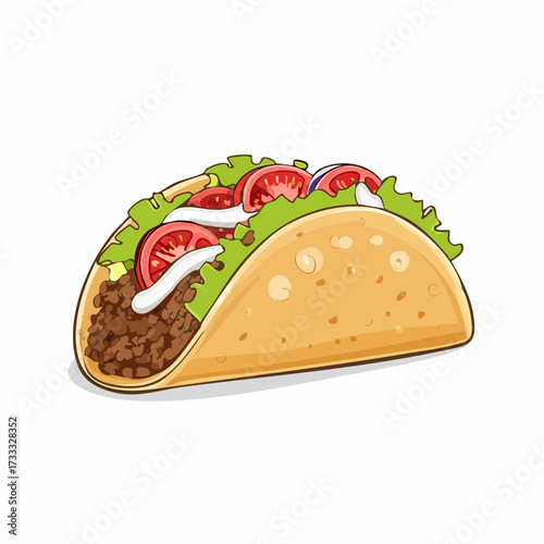 Illustration of a taco with meat, lettuce, tomatoes and sour cream.