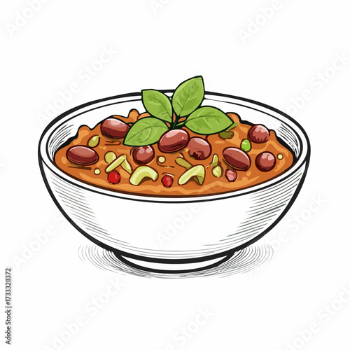 A detailed vector illustration of a hearty bowl of chili con carne with beans, garnished with fresh basil leaves.