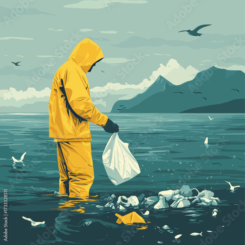 Fisherman in Yellow Rain Gear Collecting Debris from Ocean in Effort to Clean Marine Environment and Protect Aquatic Life from Pollution , vector style simple color